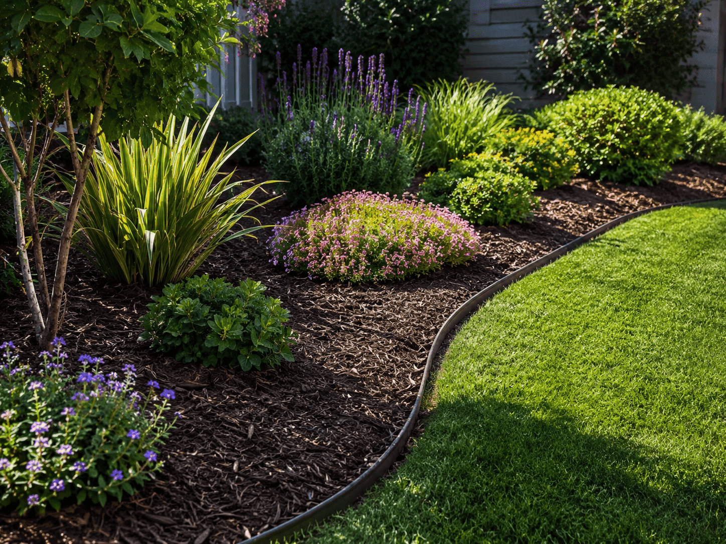 Garden bed maintenance with clean mulch and weed control