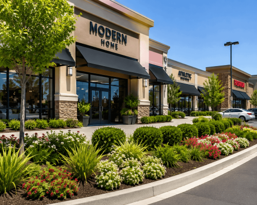 Commercial landscaping at a retail shopping center in Oakland, CA with manicured plants, trees, and landscape maintenance.